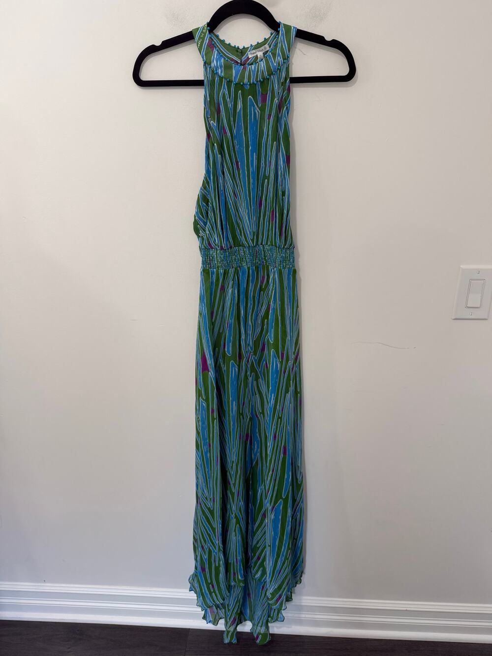 NWT Poupette St. Barth Silk Chiffon Long Dress Green & Blue Multi Size S